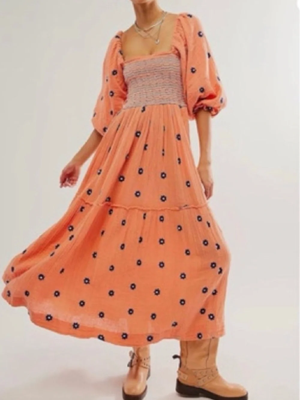 Free People Dahlia Embroidered Maxi dress Coral Strands Combo Orange Blue D